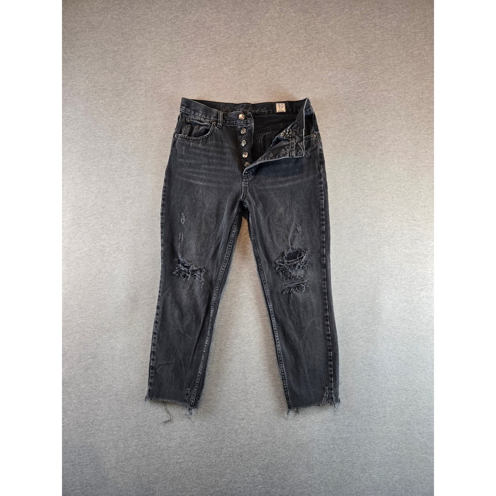 Free People Blossom Rigid Skinny Jeans Women 30 Black Distressed Cropped Raw Hem